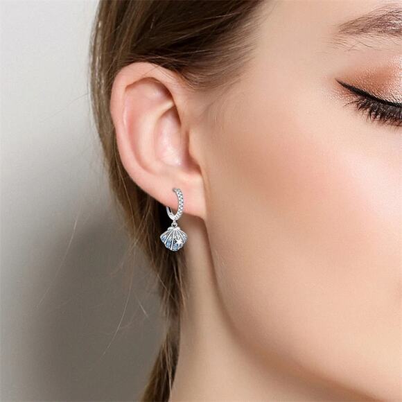 Sterling Silver Seashell Hoop Earrings with Blue Zircons S925 - Picture 2 of 5